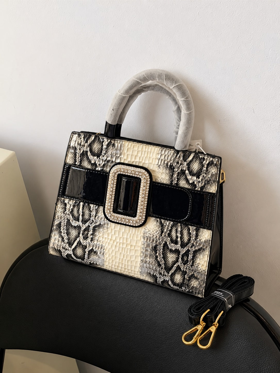 Luxury Black & Ivory Snakeskin Buckle Satchel