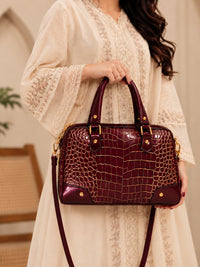 Burgundy Gold Croc Embossed Satchel