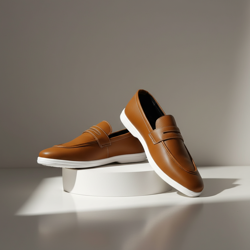 Pure Handmade Camel Brown Leather Loafer with Cushioned White Sole | Modern Formal-Casual Hybrid