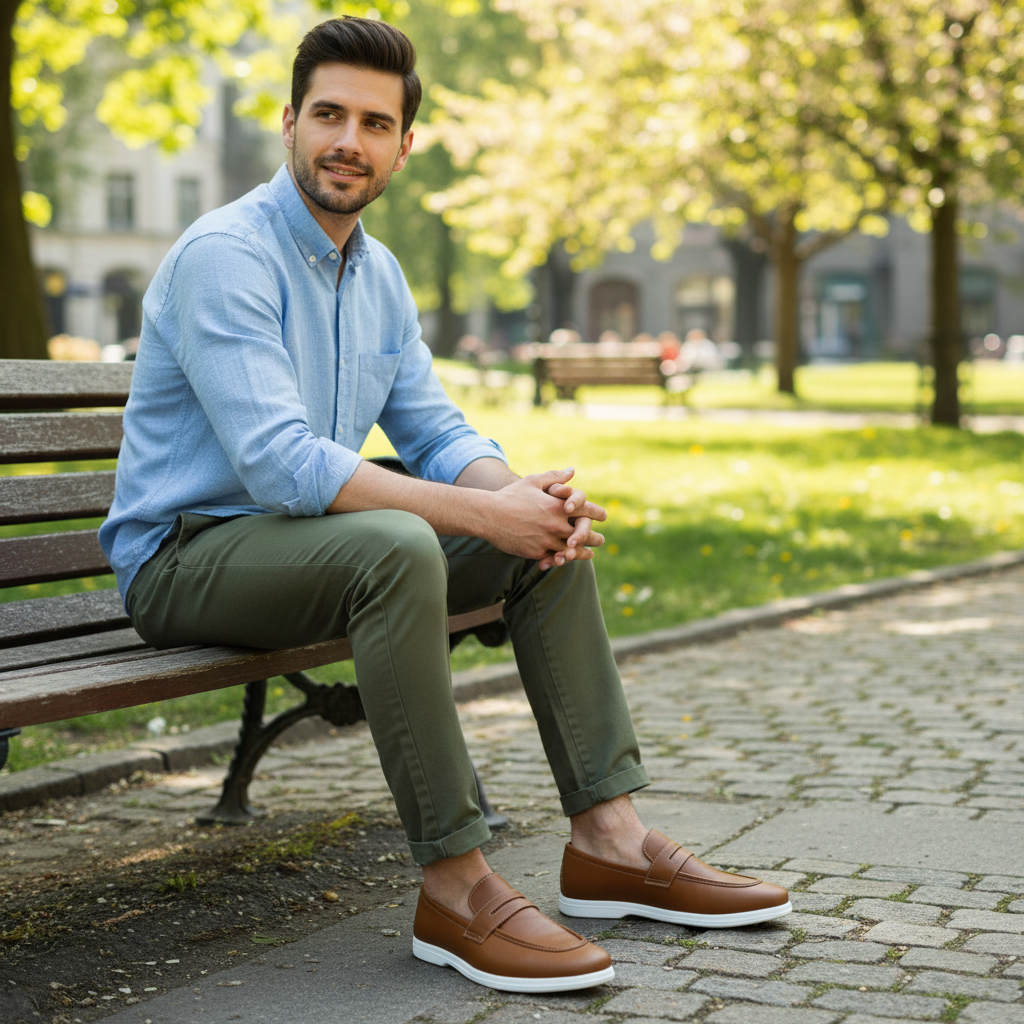 Pure Handmade Camel Brown Leather Loafer with Cushioned White Sole | Modern Formal-Casual Hybrid