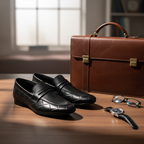Sleek Black Formal Premium Handmade Loafers ~ clean silhouette, Elegant Strap Detail, Subtle Geometric Pattern