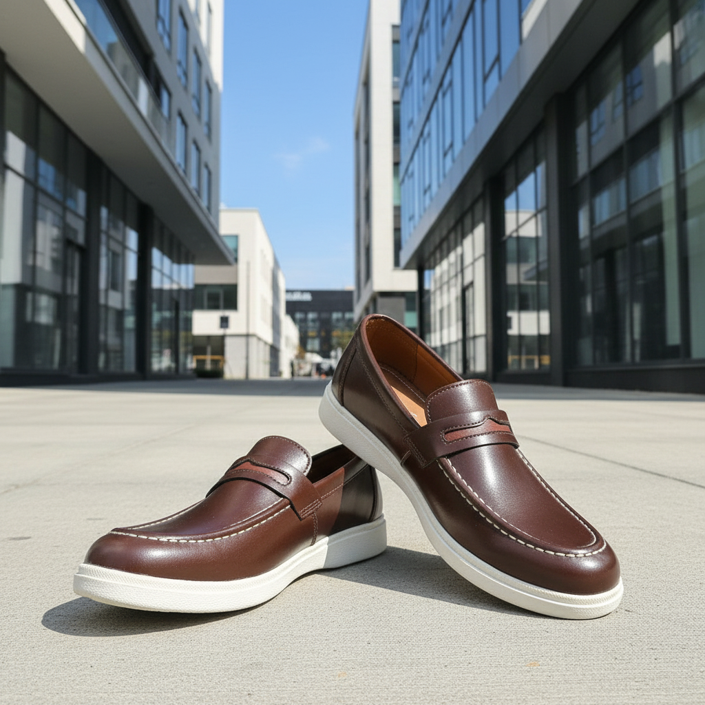 Premium Handcrafted Brown Leather Hybrid Penny Loafer | Medicated Comfort Insole – Durable White Sneaker Sole