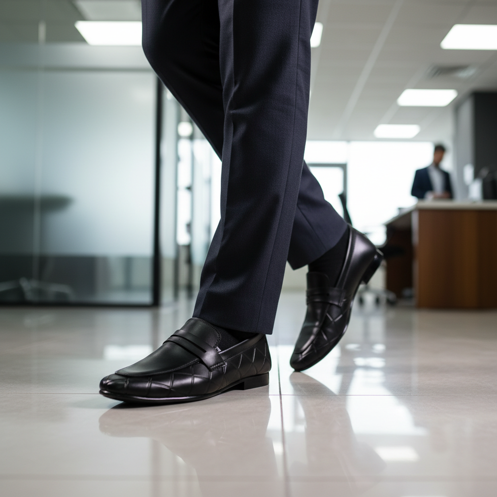 Sleek Black Formal Premium Handmade Loafers ~ clean silhouette, Elegant Strap Detail, Subtle Geometric Pattern