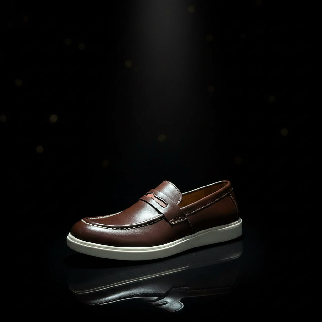 Premium Handcrafted Brown Leather Hybrid Penny Loafer | Medicated Comfort Insole – Durable White Sneaker Sole