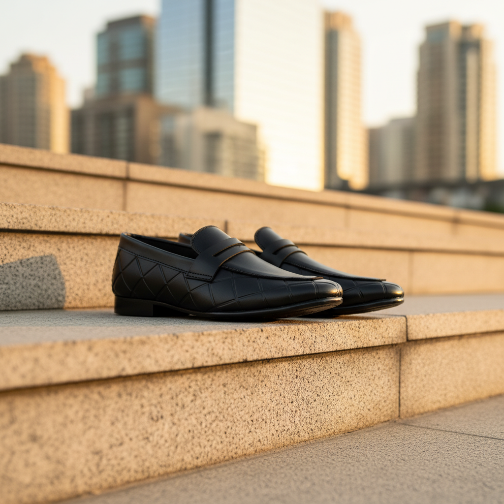 Sleek Black Formal Premium Handmade Loafers ~ clean silhouette, Elegant Strap Detail, Subtle Geometric Pattern