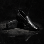 Sleek Black Formal Premium Handmade Loafers ~ clean silhouette, Elegant Strap Detail, Subtle Geometric Pattern