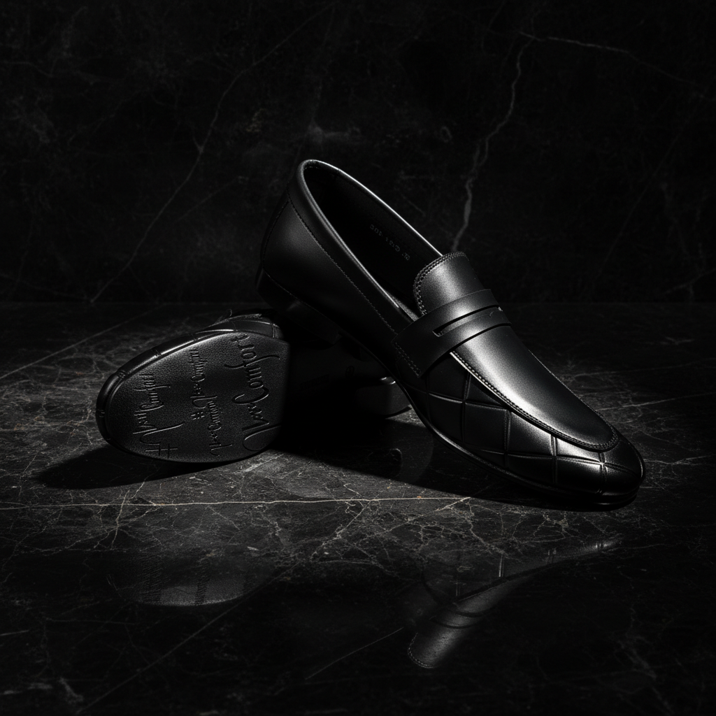Sleek Black Formal Premium Handmade Loafers ~ clean silhouette, Elegant Strap Detail, Subtle Geometric Pattern
