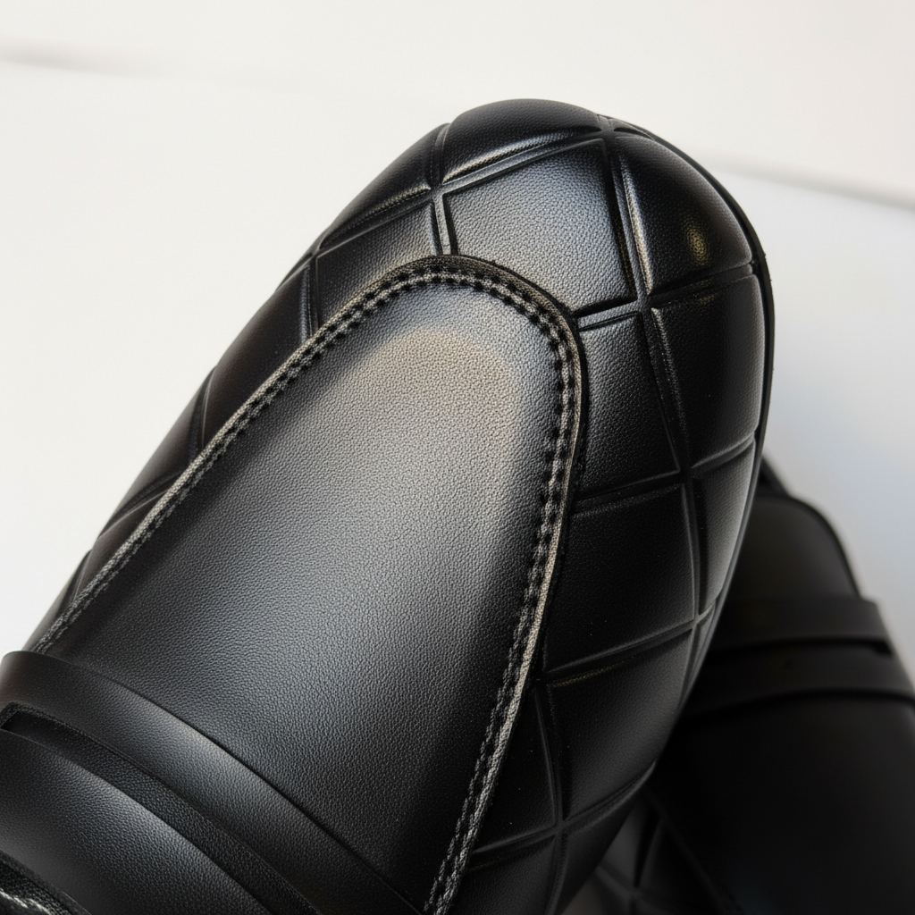 Sleek Black Formal Premium Handmade Loafers ~ clean silhouette, Elegant Strap Detail, Subtle Geometric Pattern