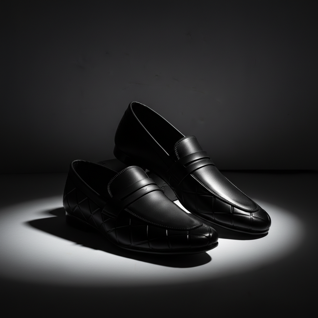 Sleek Black Formal Premium Handmade Loafers ~ clean silhouette, Elegant Strap Detail, Subtle Geometric Pattern