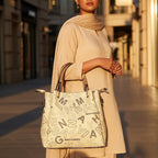 Chic Typography Print Satchel – Cream & Tan Women’s Shoulder Bag with Metallic Accents