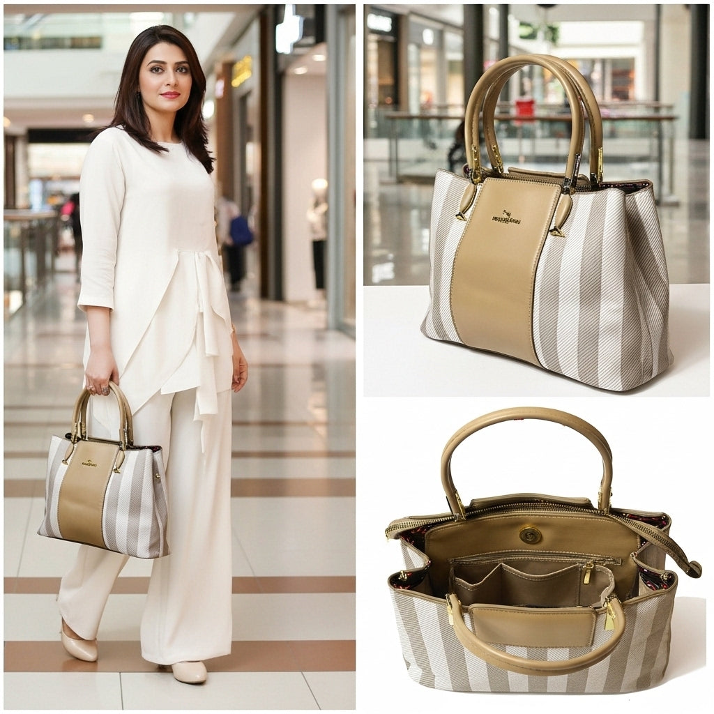 Aura Striped Structured Tote – Classic Beige & Cream