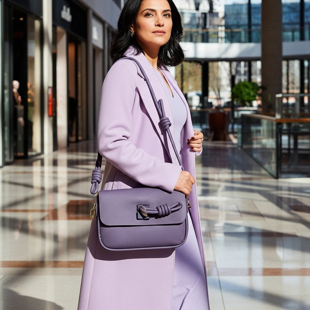 Elegant Violet Textured Satchel Bag – Minimalist Women’s Small Crossbody Purse with Gold Hardware