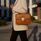 Chic Cognac Brown Pleated Flap Purse – Structured Women’s Small Satchel with Gold Hardware