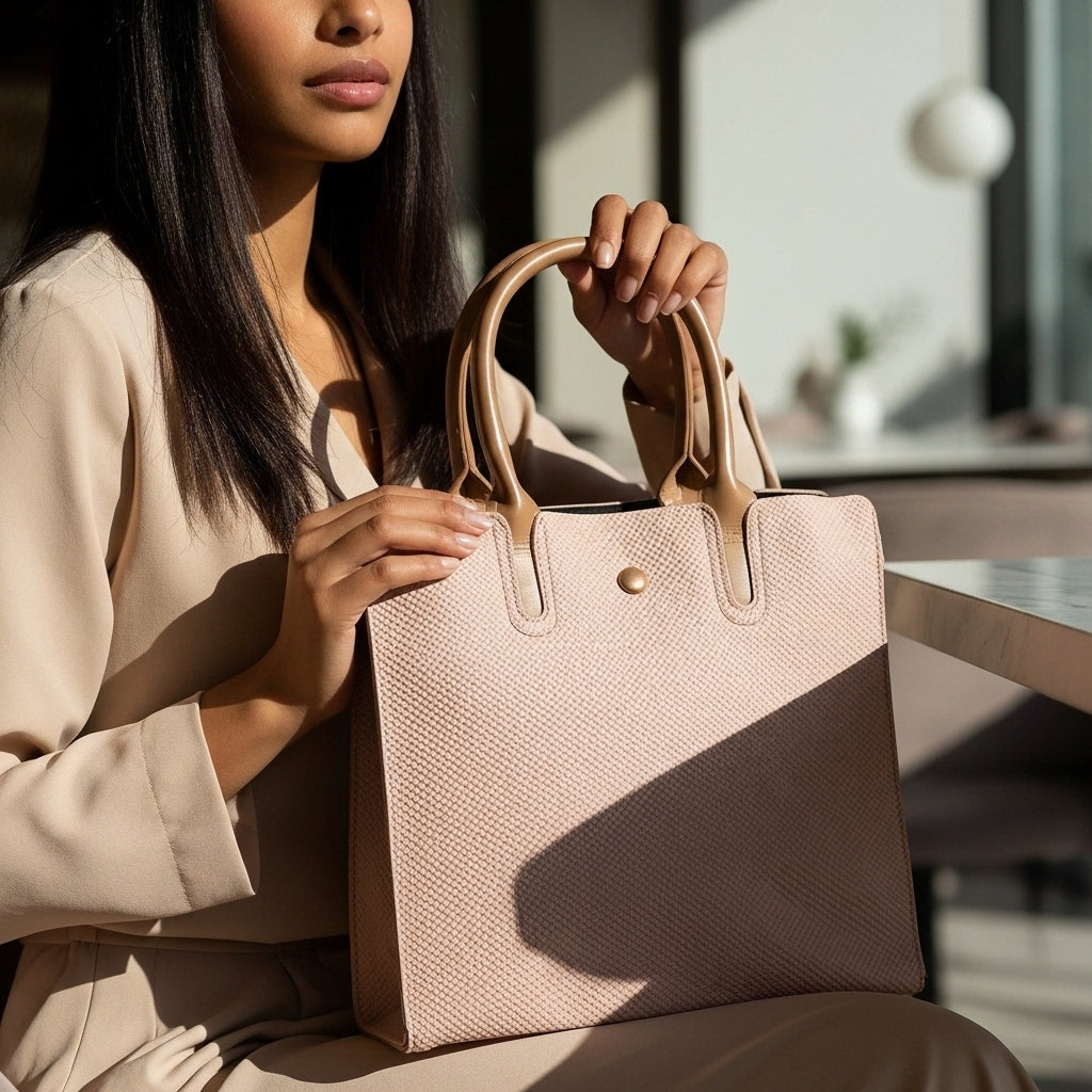 Chic Pastel Pink Woven-Look Satchel Purse – Structured Medium Carryall Bag with Contrasting Taupe Trim