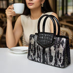 Exotic Faux-Crocodile Textured Handbag – Metallic Silver & Deep Purple Runway Satchel for Women