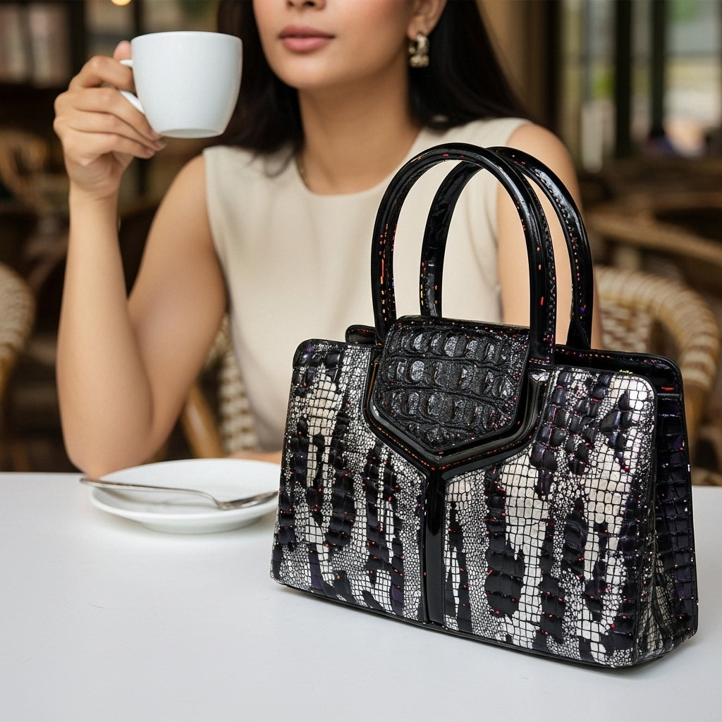 Exotic Faux-Crocodile Textured Handbag – Metallic Silver & Deep Purple Runway Satchel for Women