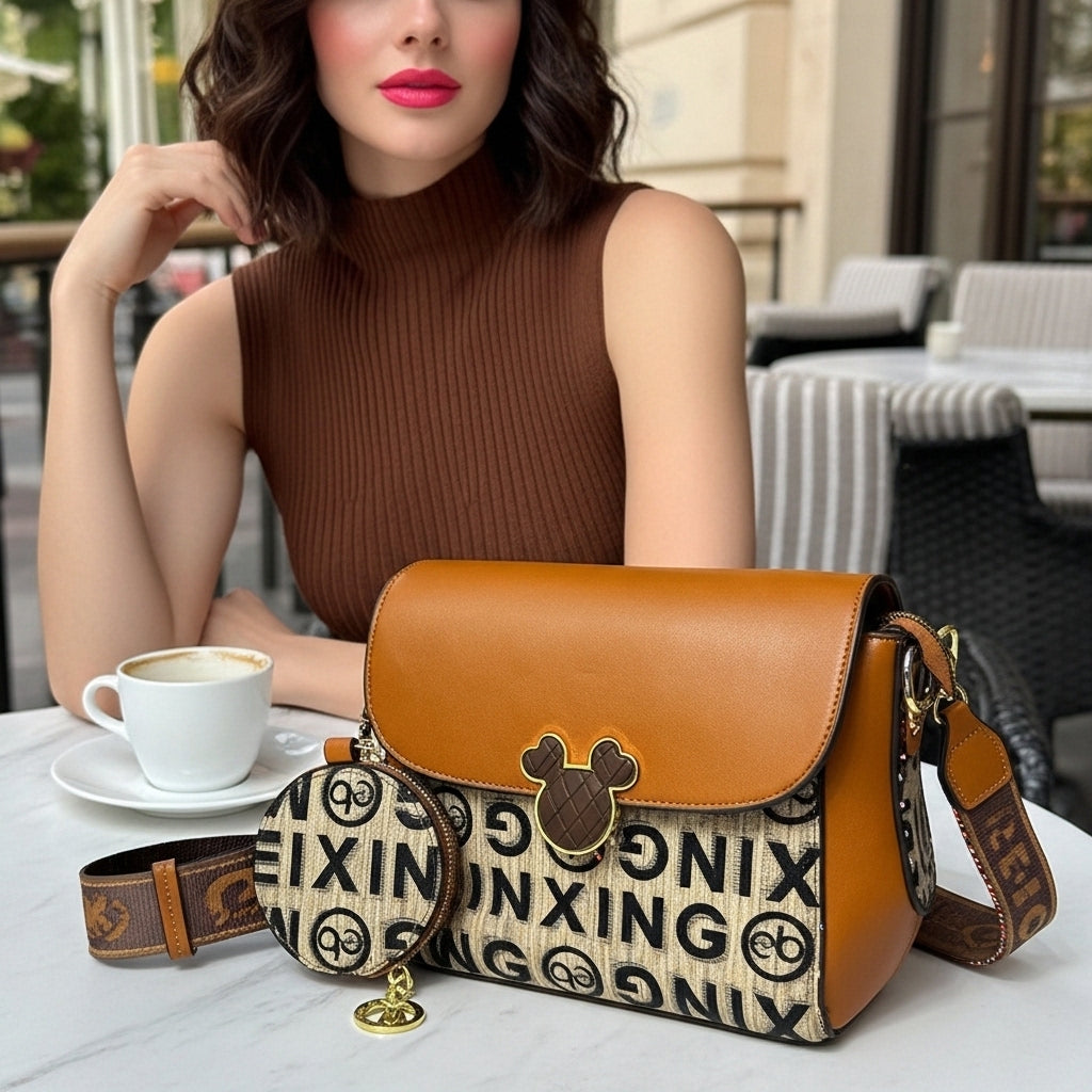 Women's Graphic Print Crossbody Bag – Two-Tone Brown Leather Shoulder Messenger with Matching Round Pouch