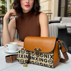Women's Graphic Print Crossbody Bag – Two-Tone Brown Leather Shoulder Messenger with Matching Round Pouch
