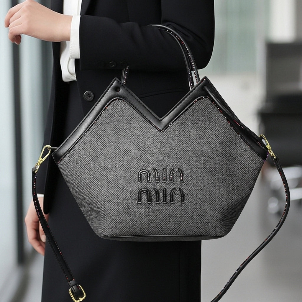 Chic Textured Grey Satchel – Modern V-Cut Women's Designer-Inspired Tote with Embroidered Accent