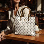 Chic White Floral Monogram Tote – Women’s Structured Shoulder Handbag with Tan Leather Handles
