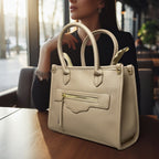 Classic Beige Structured Satchel – Women's Medium Shoulder Bag with Gold Hardware Accents