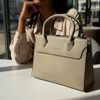 Chic Textured Beige Satchel Bag – Minimalist Women’s Top-Handle Purse with Gold Hardware