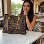 Luxury Monogram Print Tote Handbag – Large Brown Shoulder Bag with Tan Straps