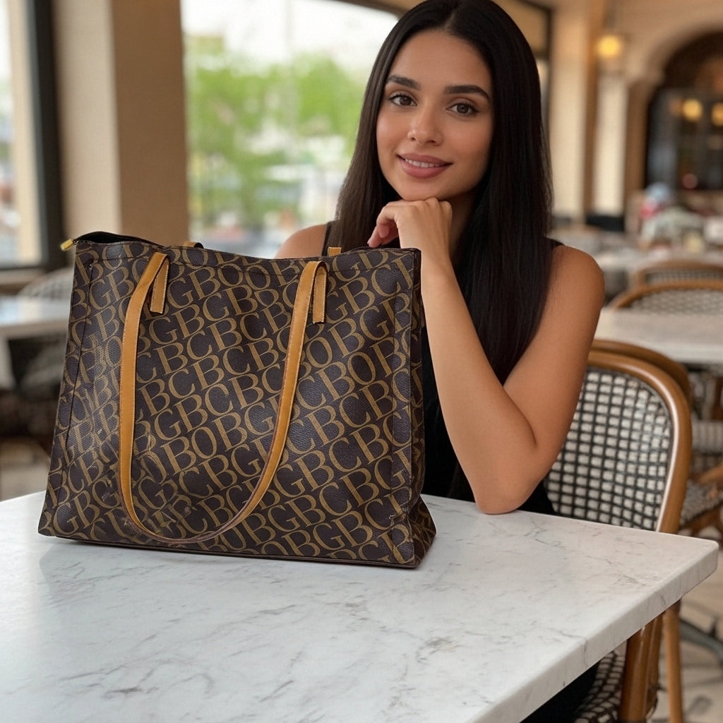 Luxury Monogram Print Tote Handbag – Large Brown Shoulder Bag with Tan Straps