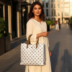 Chic White Floral Monogram Tote – Women’s Structured Shoulder Handbag with Tan Leather Handles