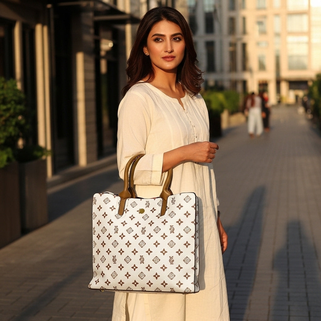 Chic White Floral Monogram Tote – Women’s Structured Shoulder Handbag with Tan Leather Handles