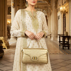 Glamorous Gold Evening Satchel Bag – Statement Croc-Effect Purse with Matching Clutch Wallet for Weddings & Parties