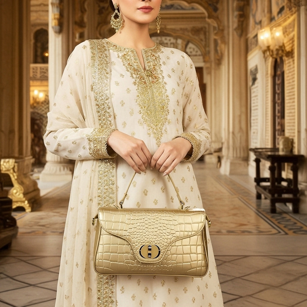 Glamorous Gold Evening Satchel Bag – Statement Croc-Effect Purse with Matching Clutch Wallet for Weddings & Parties