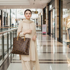 Luxury Monogram Print Tote Handbag – Large Brown Shoulder Bag with Tan Straps