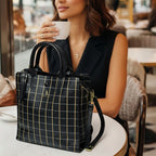 Chic Black Windowpane Satchel Purse – Structured Square Carryall Tote Bag for Women