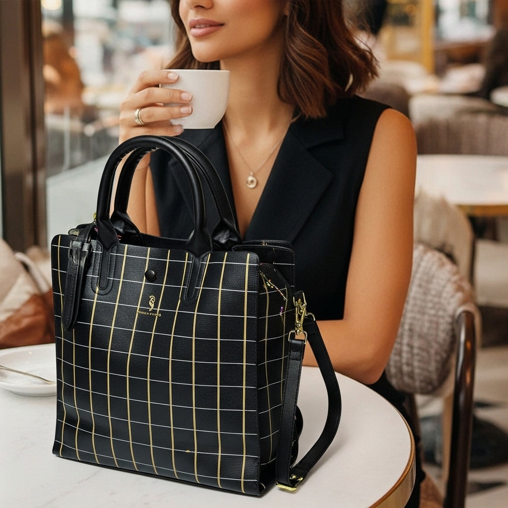 Chic Black Windowpane Satchel Purse – Structured Square Carryall Tote Bag for Women