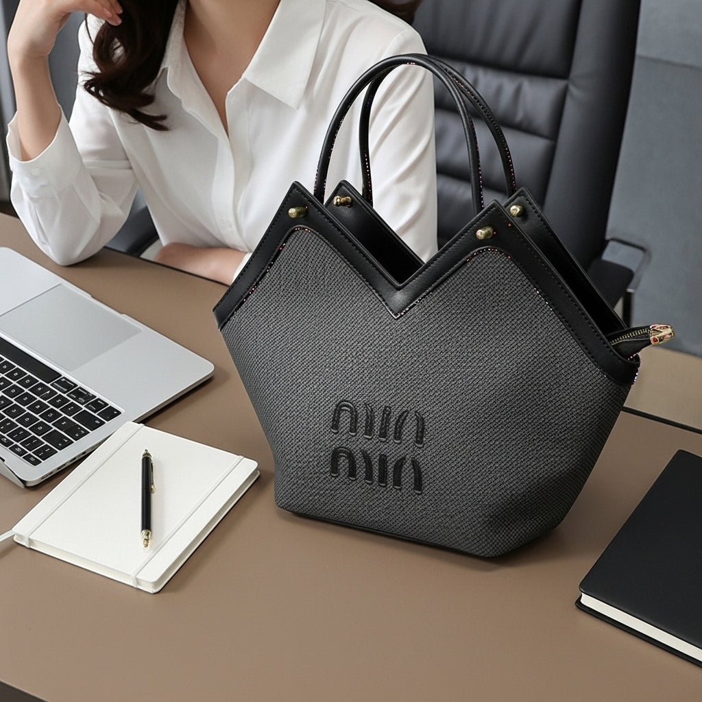 Chic Textured Grey Satchel – Modern V-Cut Women's Designer-Inspired Tote with Embroidered Accent