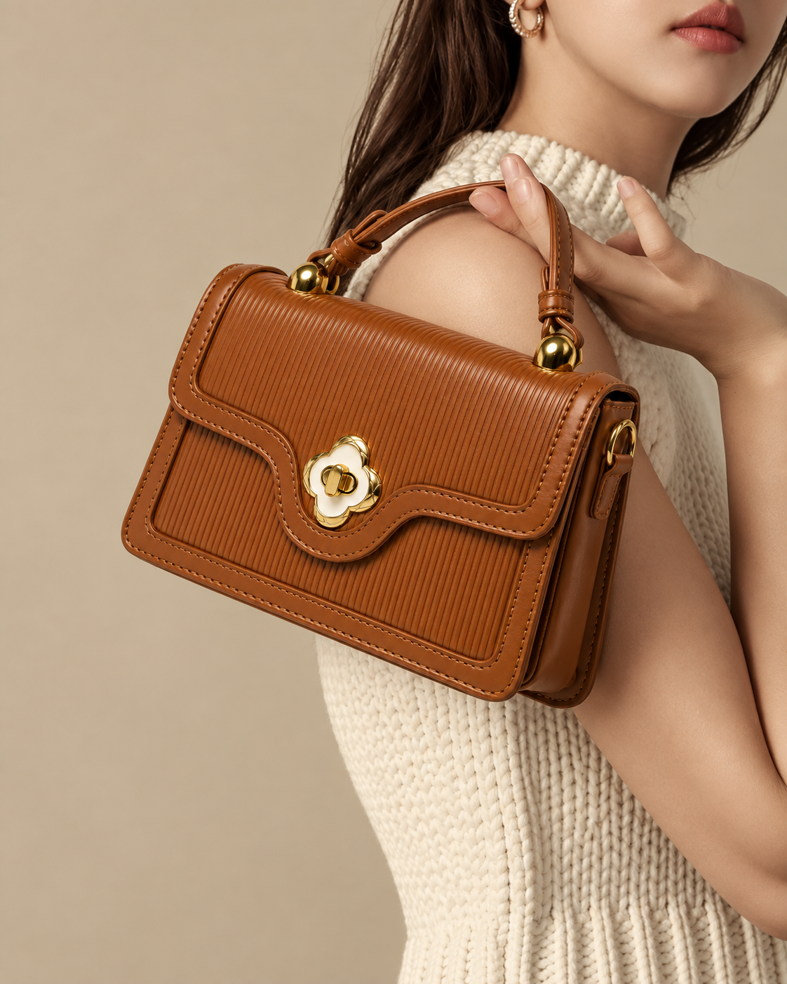 Cognac Pleated Flap Purse