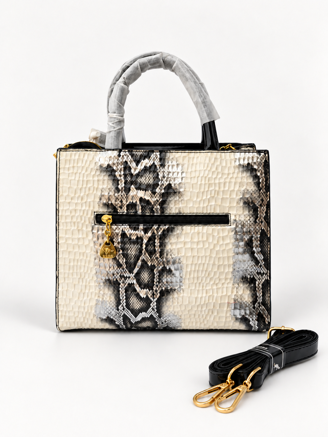 Luxury Black & Ivory Snakeskin Buckle Satchel