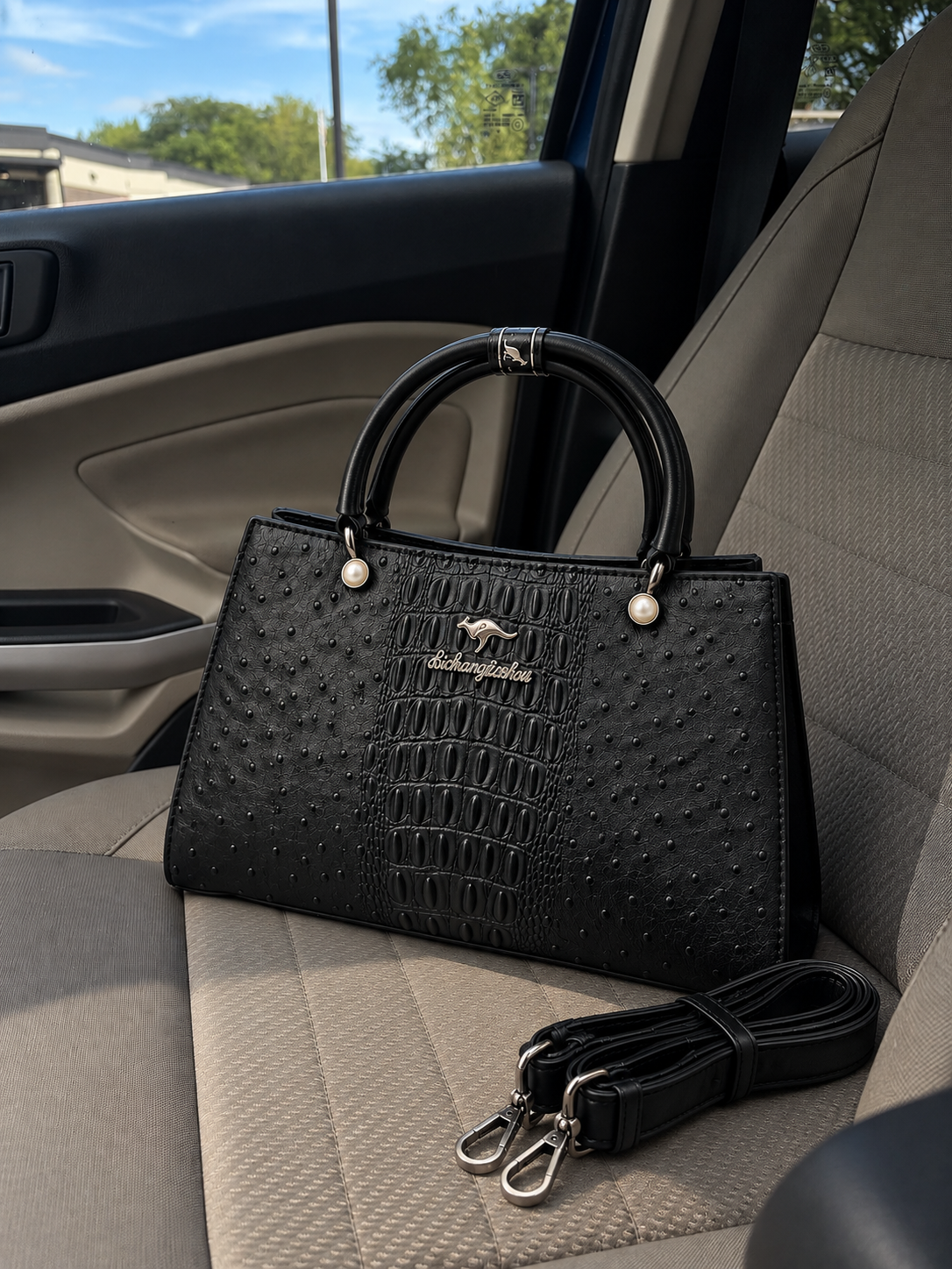 Luxury Black Croc-Embossed Textured Handbag