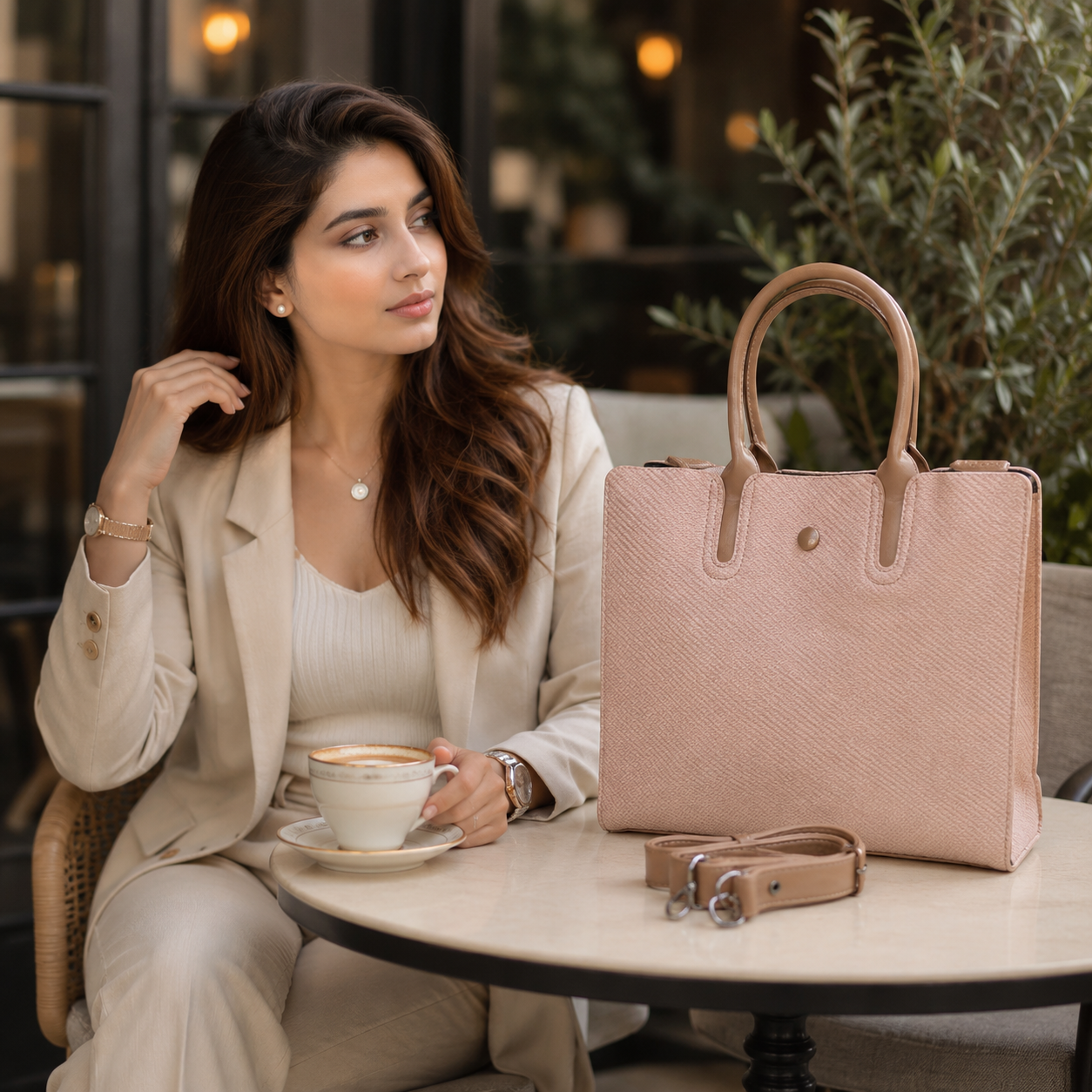 Chic Pastel Pink Woven-Look Satchel Purse – Structured Medium Carryall Bag with Contrasting Taupe Trim