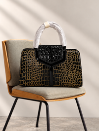 Black Gold Croc Embossed Structured Tote Bag