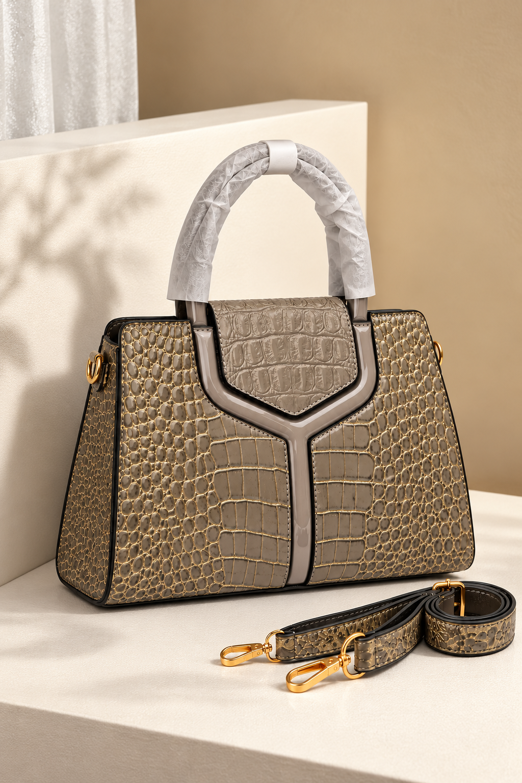 Luxury Taupe Croc-Embossed Satchel