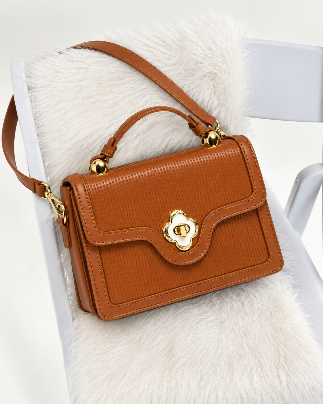 Cognac Pleated Flap Purse