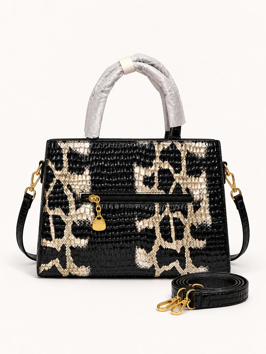 Luxury Black & Beige Snake-Print Handbag