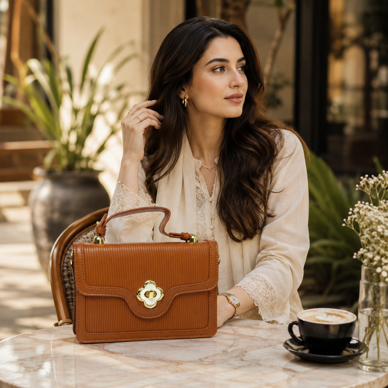 Chic Cognac Brown Pleated Flap Purse – Structured Women’s Small Satchel with Gold Hardware