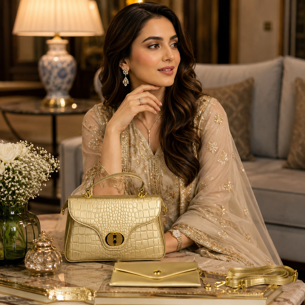 Glamorous Gold Evening Satchel Bag – Statement Croc-Effect Purse with Matching Clutch Wallet for Weddings & Parties
