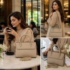 Chic Textured Beige Satchel Bag – Minimalist Women’s Top-Handle Purse with Gold Hardware
