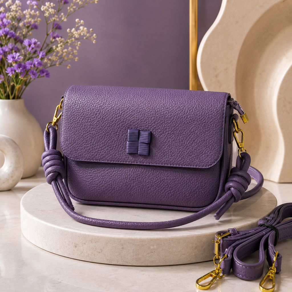 Elegant Violet Textured Satchel Bag – Minimalist Women’s Small Crossbody Purse with Gold Hardware