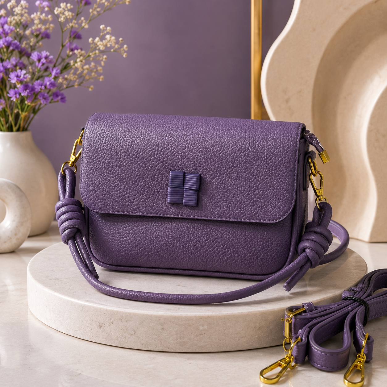 Elegant Violet Textured Satchel Bag – Minimalist Women’s Small Crossbody Purse with Gold Hardware