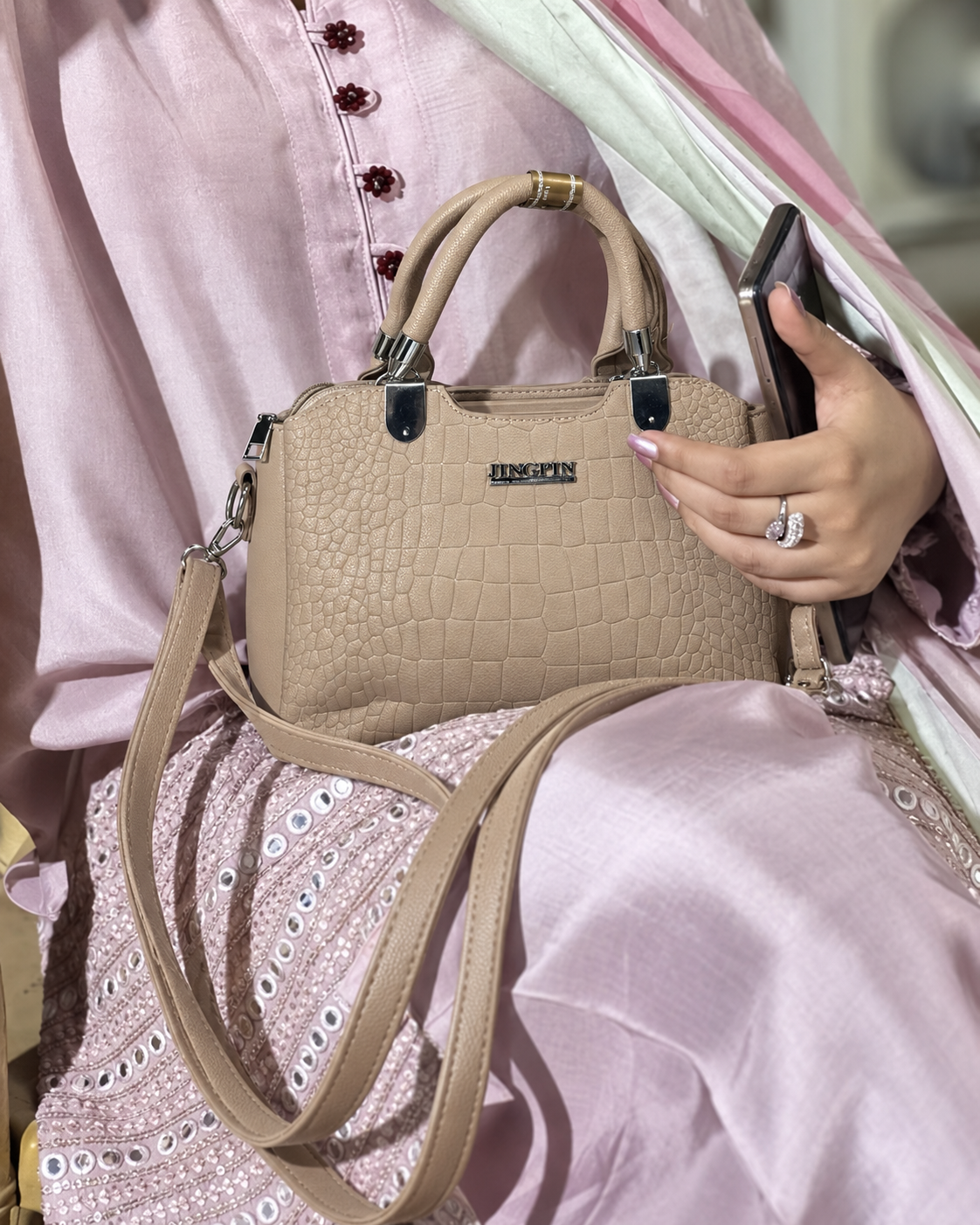 Vesper Taupe Croc Satchel